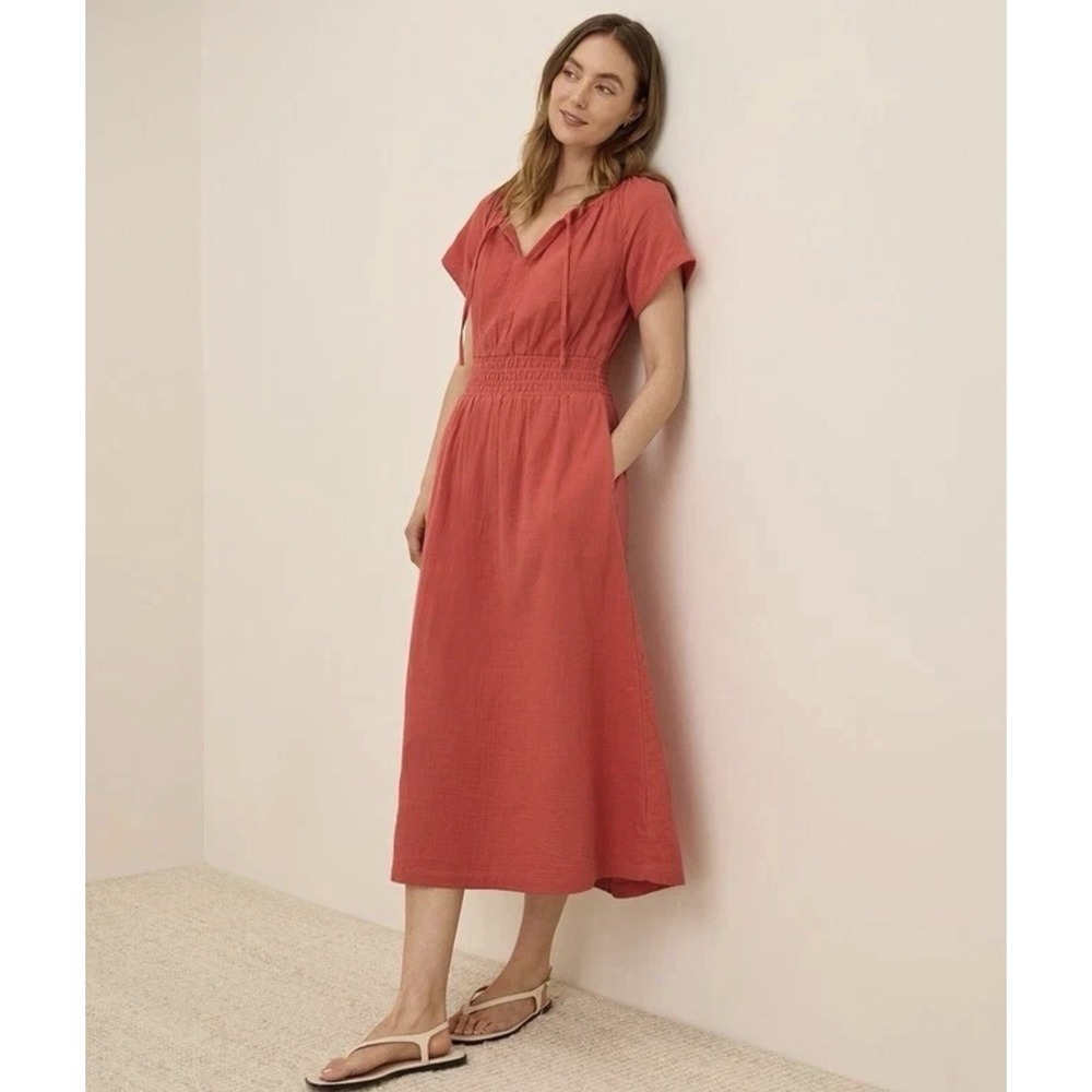 Pact Coastal Double Gauze Boho Coral Midi Dress Sz XL Organic Cotton Beachy - Picture 4 of 16